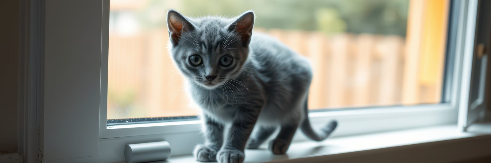 Cute gray kitten playing near a window on a sunny day in a cozy home setting